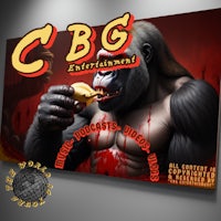 a poster with a gorilla eating a piece of meat